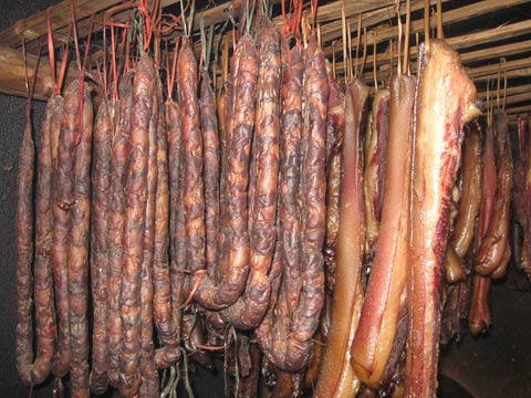 The pork is hung up in the kitchen